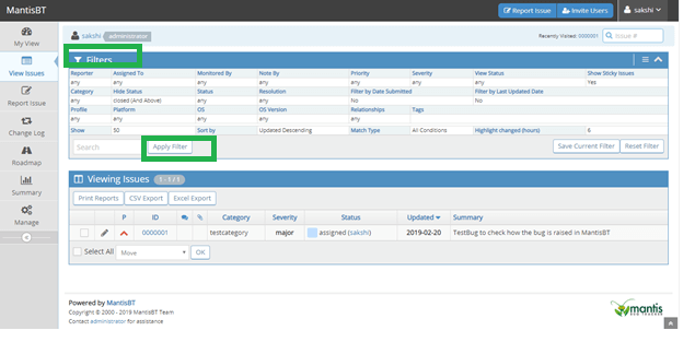 Mantis Bug Tracker Apply Filter
