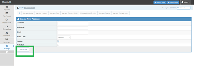 Mantis Bug Tracker Create User
