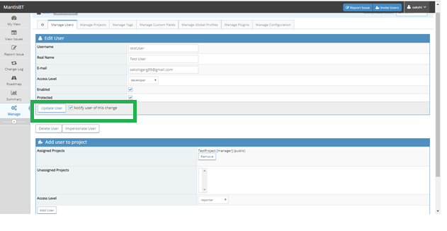 Mantis Bug Tracker Update User
