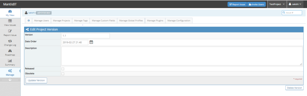 Mantis Edit Project Version
